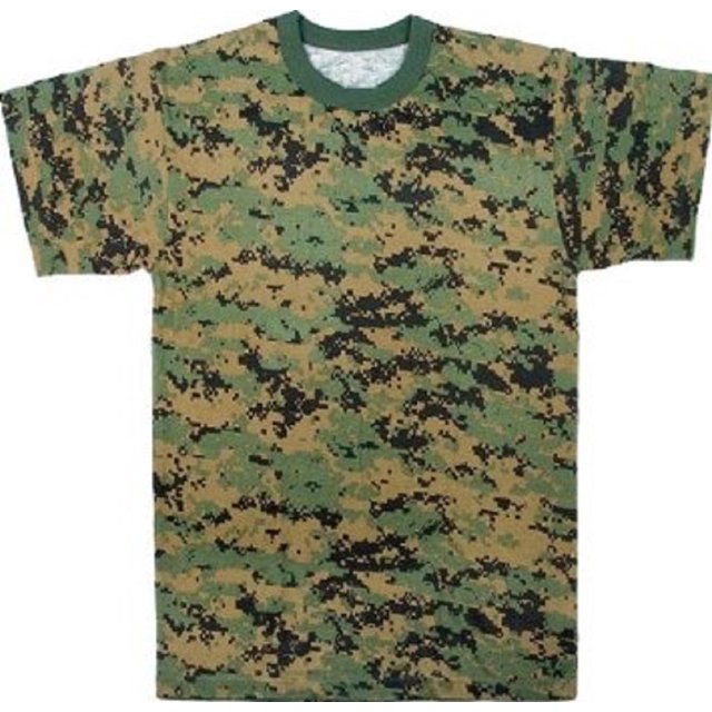 Rothco Digital Camo T-Shirt in Woodland Digital Camo pattern, size X-Large. Made from a durable polyester-cotton blend, this short-sleeve t-shirt features a green ribbed crew neckline and a camouflage design with shades of green, brown, and black. Suitable for outdoor activities, airsoft, athletic teams, or casual wear.