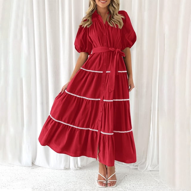 Robes pour Femmes 2024 Été Robe Chemise Oversize Manches Courtes Bouffantes à Volants Superposés Fluide Longue Maxi Robes Rabais de 50 % Liquidation!