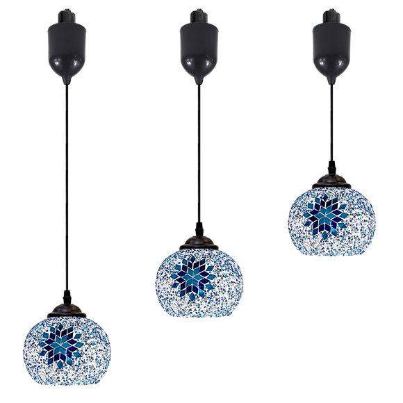 FSLiving Mini Adjustable Hanging Height Juno Track Lighting Pendants, 4 Ft Cord, J-Type Track Mounted Handblown Stained Blue Art Glass, E26 Socket for Bar 3 Lights Kitchen Island Vaulted Ceiling
