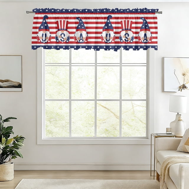 Independence Day Gnome Kitchen Window Valance Rod Pocket Polyester Curtain for Party and Home Decor
