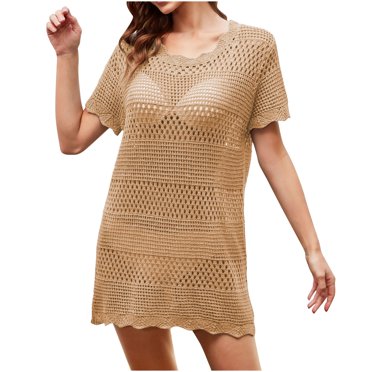FAIWAD Womens Crochet Swim Cover Up Dress Short Sleeve Hollow Out Boho Midi Dress Summer Breathable Beach Dress
