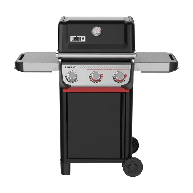 Spirit® E-325 Gas Grill (Liquid Propane) front view showing a black gas BBQ with a lid featuring a built-in thermometer and Weber logo, three control knobs including two red Boost Burner knobs for the Sear Zone, foldable hammertone metal side tables on each side, and two wheels for easy mobility, ideal for precise heat control and outdoor cooking in Canadian backyards.