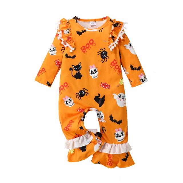 SUNSIOM Newborn Baby Girls Flared Jumpsuits Halloween Printed Round Neck Ruffled Long Sleeves Romper for Toddler Infant