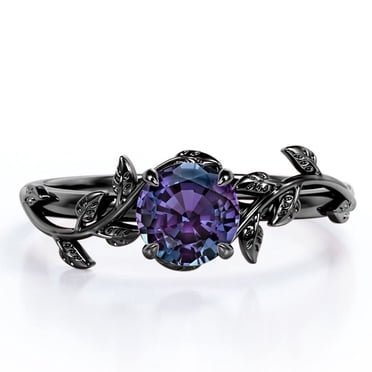 JeenMata 0,50 Carat - Bague en Alexandrite de Laboratoire Taille Ronde - Bague de Fiançailles Feuille et Vigne - Placage Or Noir 18K sur Argent