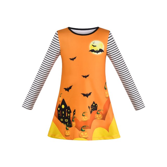 Robe Fille Col Rond Orange Fantôme Nuit Sombre Confortable Manches Longues 3 Ans