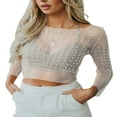 thumbnail image 1 of Women‘s Summer Sheer Mesh Tops Long Sleeve  Neck Rhinestone Slim Fit Crop Tops, 1 of 3