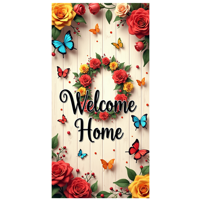 Welcome Home Banner Floral Butterfly Decor Wall Background for Party Wedding Garden Backdrop Photo Prop Event Decorations Vibrant Flower Display