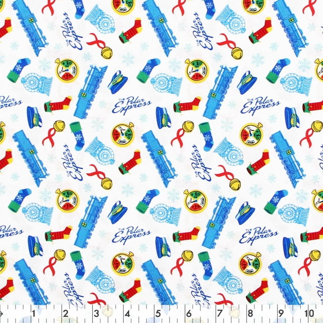Fabric Creations Blanc Harry Potter Tissu de Coton de Noël au Mètre 111 cm (44 Pouces) de Large Présentant un Motif Répétitif de trains à Vapeur Bleus, Roues de train, Chapeaux de Chef, Chaussettes Rayées Rouges et Vertes, Cloches Dorées, Rubans Rouges et Montres de Poche Colorées avec Texte « the Polar Express » sur Fond Blanc, Idéal pour l'Artisanat des Fêtes et la Courtepointe.
