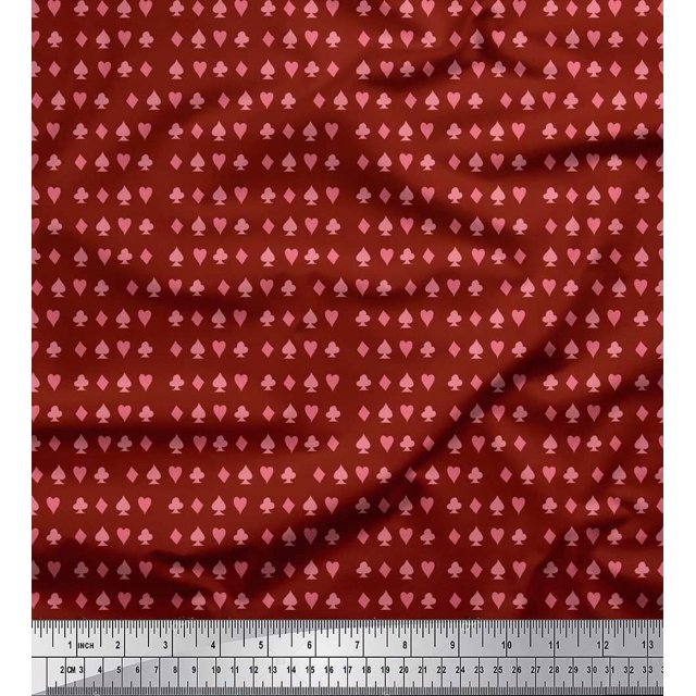 Soimoi Red Rayon Crepe Fabric Poker Card Symbol Print Sewing Fabric Yard 46 Inch Wide