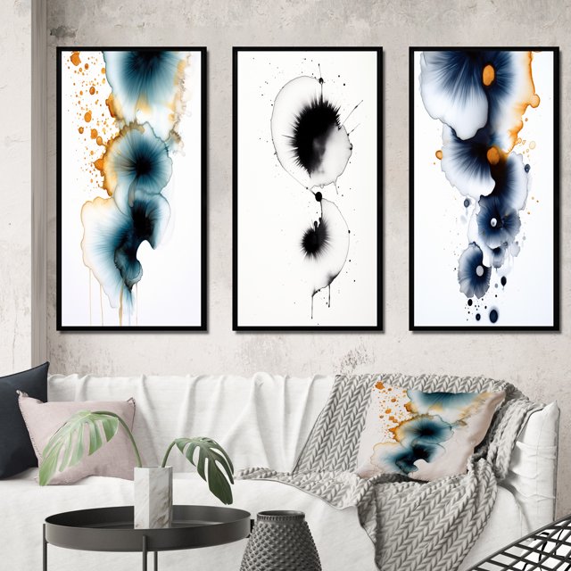 Designart « Heartbeat Rhapsody Turquoise and Gold Ink Cloud II » Peinture Abstraite Ensemble d'Art Mural Encadré de 3 - Ensemble de Toiles à Cadre Moderne Turquoise pour Déco de Salon
