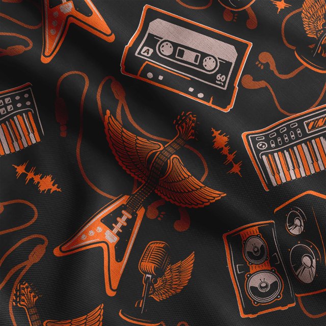 Soimoi Musical Instruments Printed, Poly Canvas Fabric, Decor Sewing Fabric by The Yard 56 Inch Wide,Decorative Fabric for Curtains Tote Bags, Orange & Black