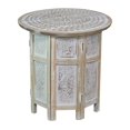 thumbnail image 1 of Accent Side Table, Mango Wood 18 Inch Round Top, Hand Carved Inlay Mandala Design, Washed White, 1 of 17