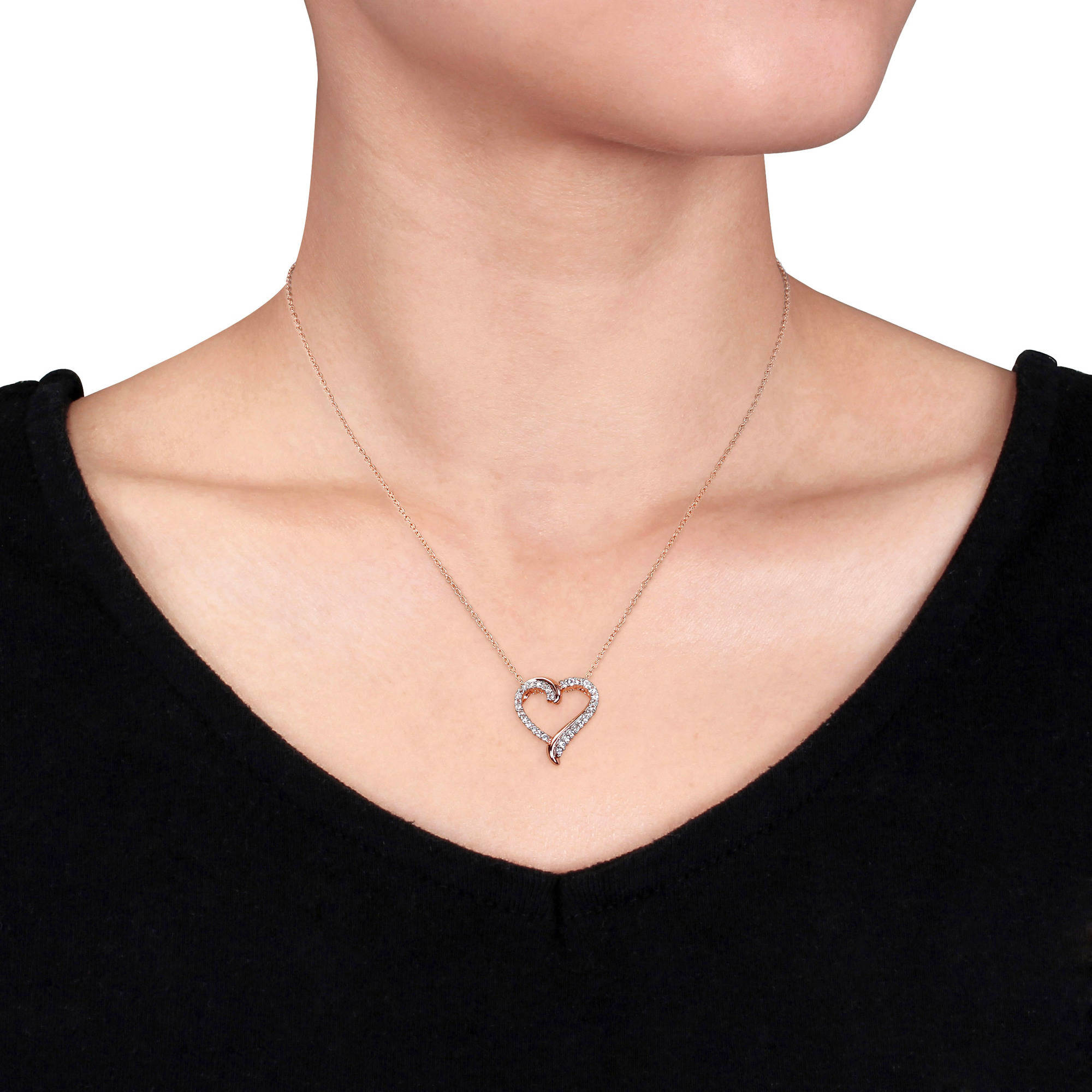 Pendentif en forme de cœur Miabella avec 0.75 carat de saphir blanc synthétique en argent sterling plaqué rose, 18"