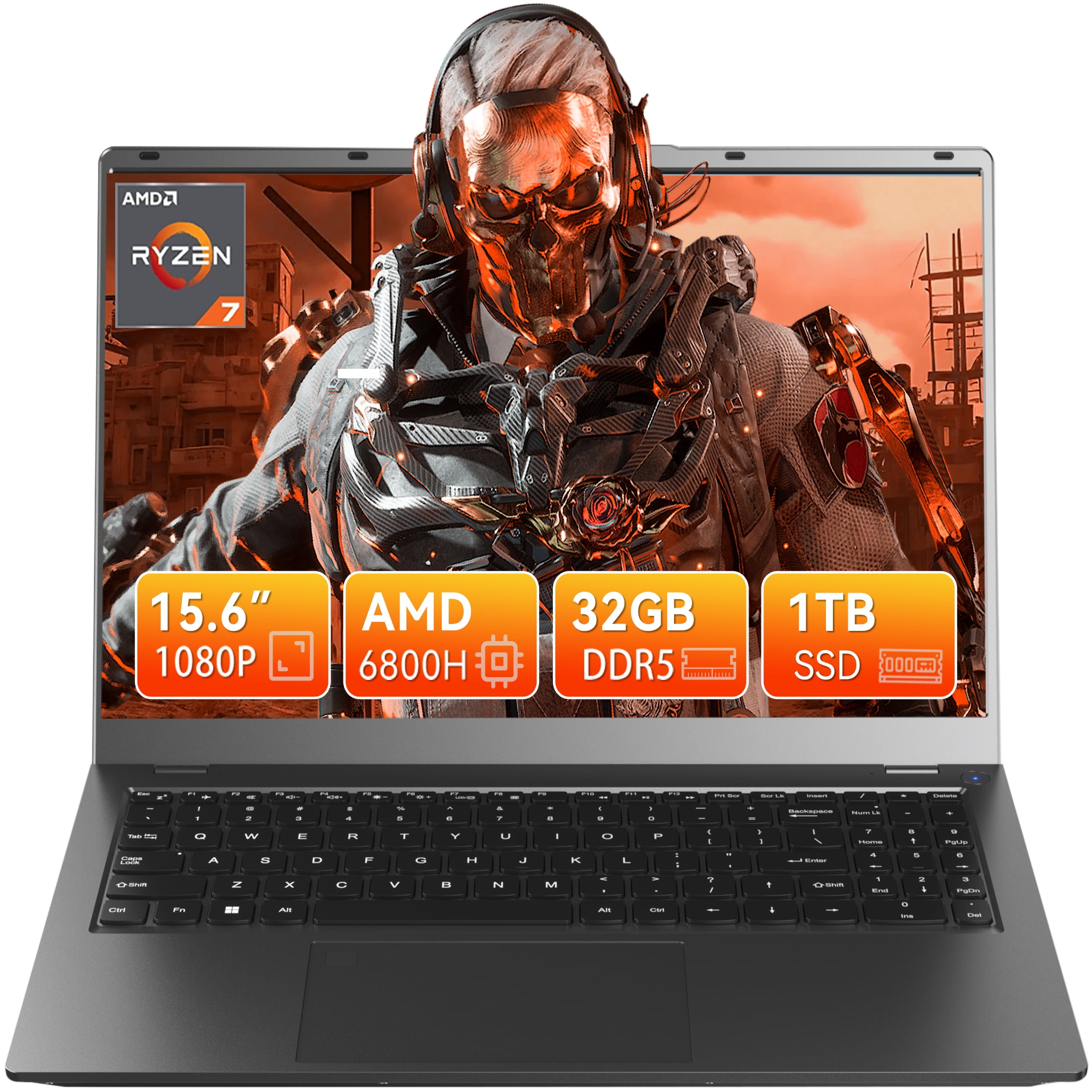 BREB 15.6" FHD Gaming Laptop - AMD Ryzen 7 6800H, 32GB DDR5, 1TB SSD, Fingerprint Unlock, Backlit Keyboard, PD Charging