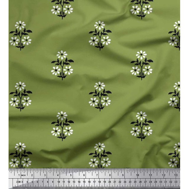 Soimoi Polyester Crepe Fabric Leaves & Floral Block Printed Craft Fabric by The Yard 42 Inch Wide