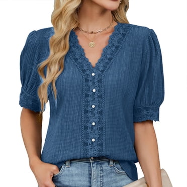 Summer Savings Clearance! Women Casual Boho Top, Short Sleeve Summer Round Neck Loose Shirts, Lace Casual Solid Blouses, Perfect for Summer Outings, Beach, or Casual Events