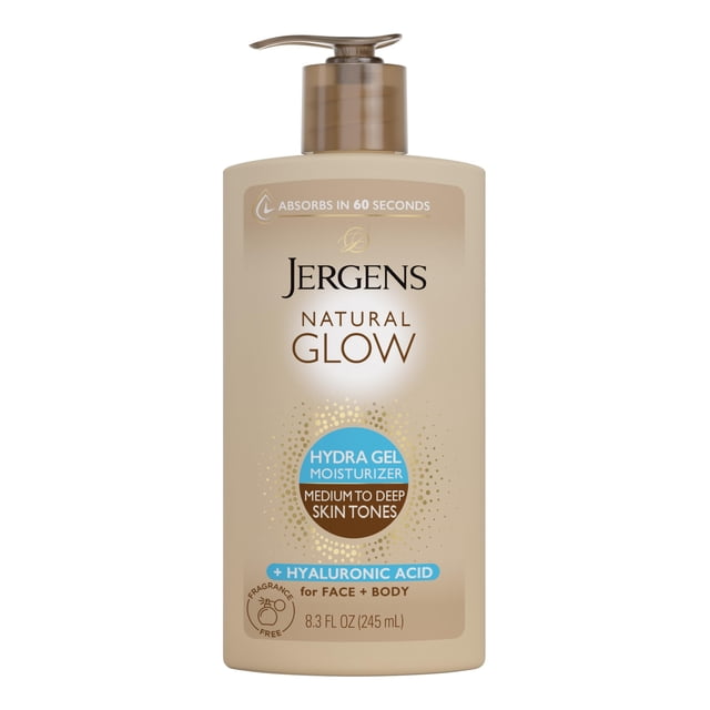 Moisturizer Jergens Natural Glow Hydra Gel Self Tanner 245mL. Front-facing clear pump bottle labeled Jergens Natural Glow; hydrating, fragrance-free tanning gel with hyaluronic acid for medium to deep skin tones, gradual tan, quick-absorbing formula suitable for travel toiletry kits.