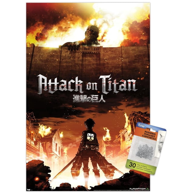Attack on Titan - Fire Wall Poster, 22.375" x 34" depicting a colossal Titan looming over a fortified wall with flames and smoke in the background, and a silhouetted soldier with dual swords standing in a fiery, destroyed town street, printed on glossy poster paper suitable for anime wall decor.