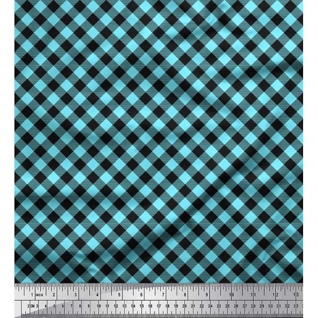 Soimoi Blue polyester Crepe Fabric Diagonal Check Fabric Prints By Yard 42 Inch Wide