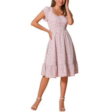 GRACE & GRANDEUR Women's Midi Dress Summer Square Neck Short Sleeve Boho Floral Dresses M Purple