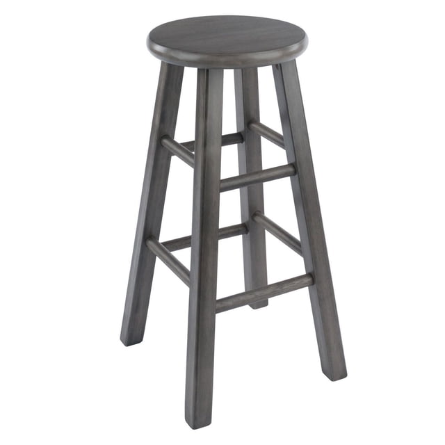 Winsome Ivy 24" Counter Stool Gray Finish with a 12-inch round solid wood seat and four square legs connected by high and low crossbars for stability, finished in soft rustic gray. The 24-inch seat height stool supports 220 lbs and is suitable for kitchen or dining seating, often used as a small side stand for plants or decor.