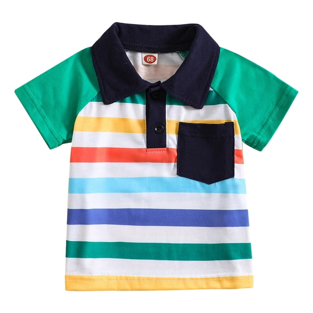 B91xZ T-Shirts Graphiques pour Garçons à Col Rond Uni à Manches Courtes en Vert pour 2-3 Ans. le Chandail Présente un Motif à Rayures avec des Rayures Horizontales Vibrantes en Jaune, orange, Rouge, Bleu et Vert. Il a un Col Bleu Marine, une Patte de Boutonnage et une Poche Poitrine Bleu Marine Assortie. Fabriqué à Partir d'Un Mélange de Poids Moyen de 65 % Coton et 35 % polyester, Il Offre une Durabilité avec une Haute Densité de Points et un Col Ras du Cou Côtelé. Convient aux Garçons et aux Filles, Idéal pour Toute occasion.