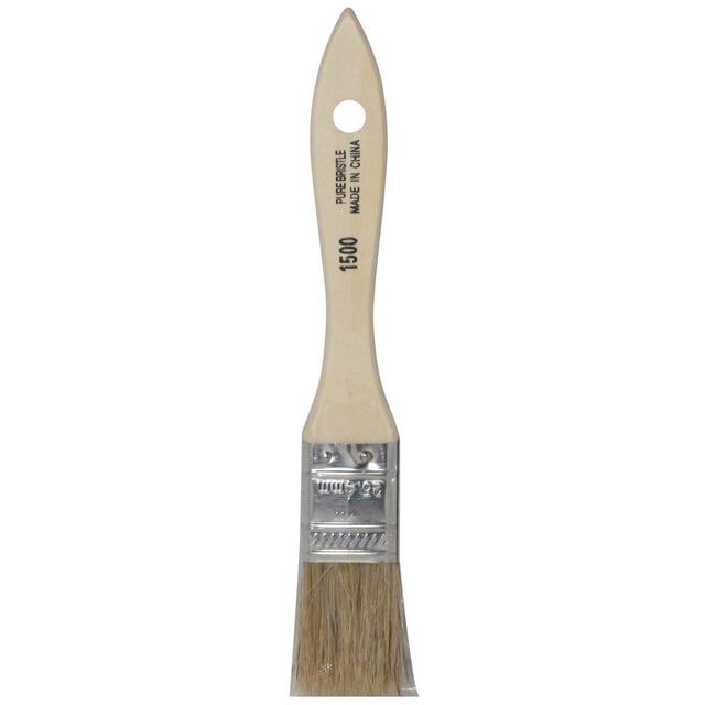 Project Select 1" Utility Brush disposable 1" chip brush with white pure bristles and durable wood handle, front-facing view with flat trimmed head for applying glues, adhesives and paint removers. Suitable for one-time craft staining or touch-up tasks.