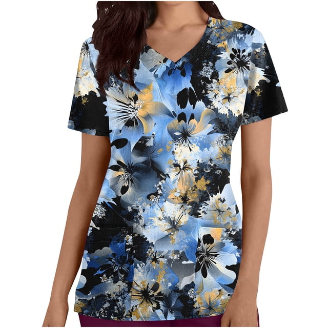 Pisexur womens scrub top featuring colourful floral prints in shades of blue, black, and yellow. This short-sleeve nursing uniform top includes a V-neck design and two convenient front pockets. Made from a breathable polyester-spandex blend, it offers a loose, comfortable fit suitable for work or casual wear.