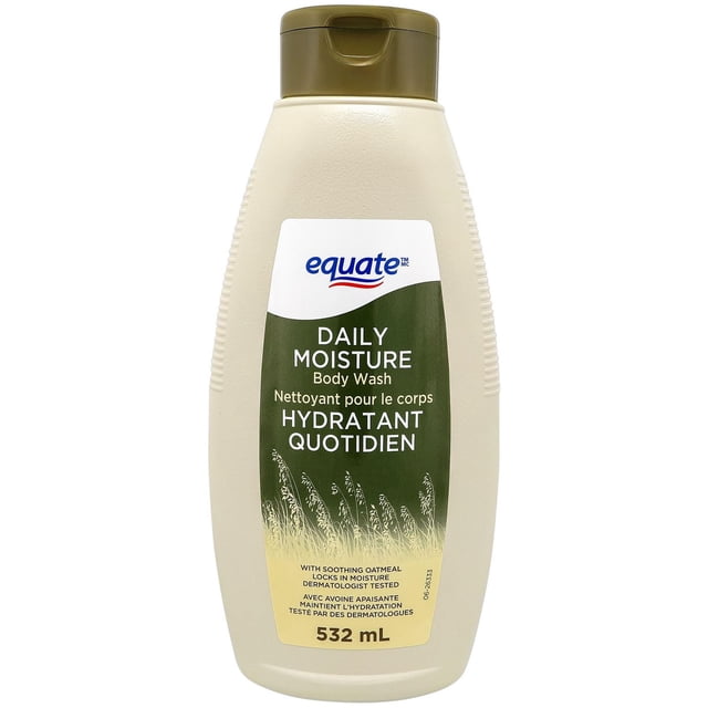Equate Gel Douche Hydratation Quotidienne à l'Avoine, 532 ml, Bouteille en Plastique beige avec Bouchon à Rabat Vert olive et Étiquette Bilingue avec Graphiques d'Avoine, Formule Hydratante Testée par des Dermatologues Qui Nettoie en Douceur et Retient l'Hydratation pour une Peau Douce et Hydratée.