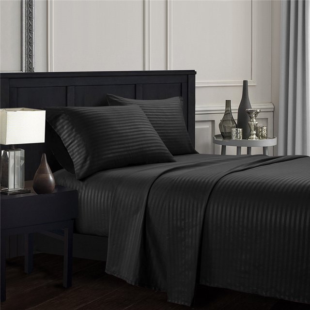YYAO Full Size Luxurious Striped Sheet Set for Home Hotel, 4 Piece, Black