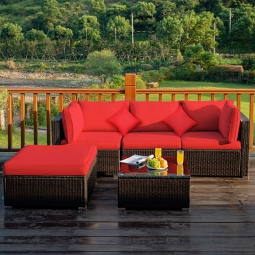 Gymax Ensemble de Canapé Sectionnel en Rotin 5 Pcs Ensemble de Meubles de Patio avec Coussin et Oreiller Rouges