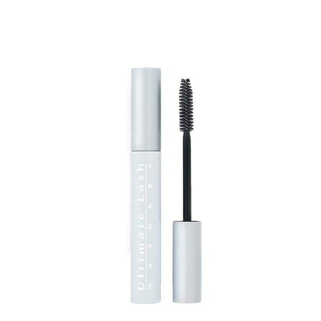 Marcelle Ultimate Lash Mascara - Black in a silver tube with a detachable wand featuring dense bristles for clump-free volume, designed to transform lashes from thin to full and last all day without flaking.