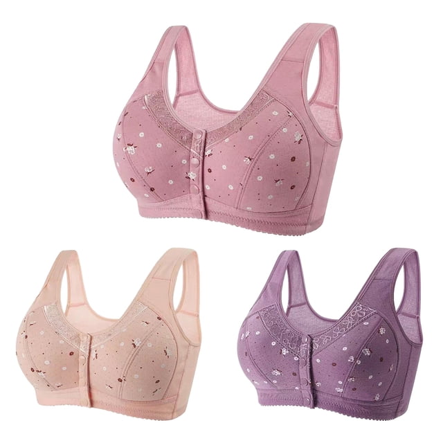 Lenpel Women's Plus Size Front Closure Bras 3 Pc No Underwire Printed Full Coverage Bralettes Comfortable Everyday Bras(Pink,X-Large)