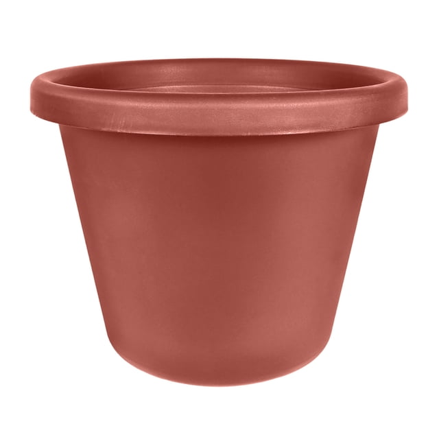 HC Companies 24-Inch Indoor Outdoor Plastic Round Classic Pot in clay color, designed for container gardening with raised feet and removable drain plugs for air circulation and water control. Perfect for succulents, vegetables, or decorative plants on patios, porches, decks, or balconies.