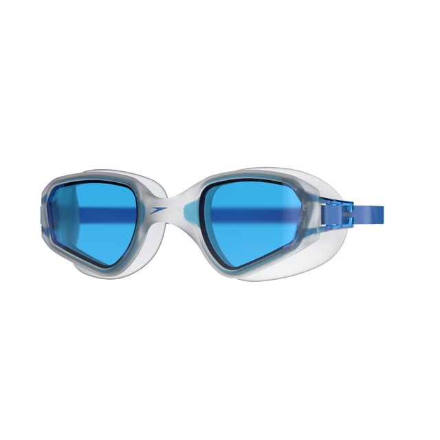 Speedo Mariner Junior Swim Goggle with blue silicone strap and larger curved lenses offering UV protection and anti-fog clarity, featuring an adjustable double strap and side-clip for a secure, comfortable fit, suitable for swimming in pools, lakes, or beaches.