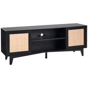 KFFKFF Black TV Stand for 75in Television, Bohemian Style Stand with Rattan Door, Entertainment Hub with Integrated Socket, Two-Shelf Storage Unit, Contemporary TV Cabinet for Lounge, Media Room