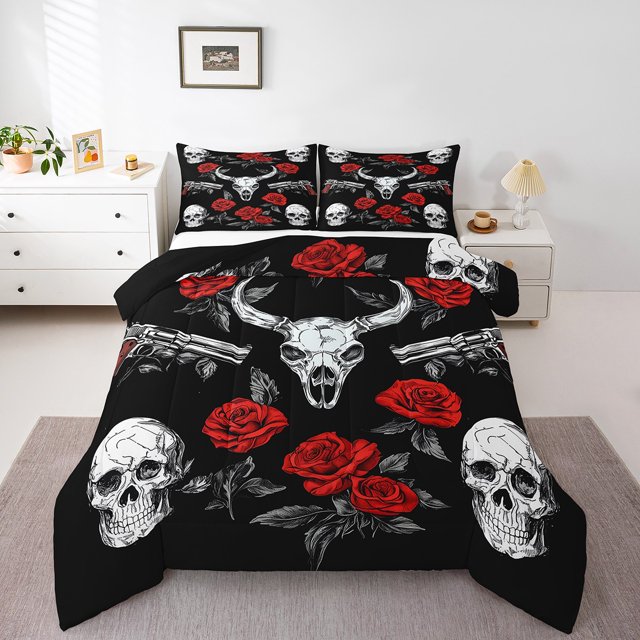 Erosebridal Cow Skull Skeleton Bedding Full Comforter Set, Hunting Theme Down Comforter, Gothic Rose Flower Home Decor, Reversible 3pcs
