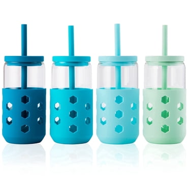 Mrsdry Glass Cups with Silicone Lids and Straws (4 Pcs), 16oz Drinking Glasses Set with Silicone Sleeves for Coffee Bar Accessories Iced Coffee Cups with Lids, Glass Tumbler Reusable for Gifts