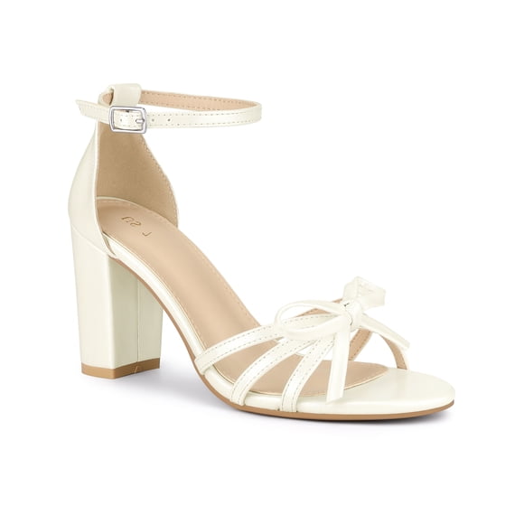 BLISSFUL STEP Women's Shoes Bow Tie Open Toe Ankle Strap High Block Heel Sandals White 9