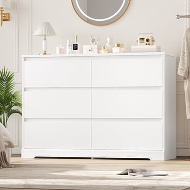 Homfa 6 Drawer Double Dresser, 47.2'' Wood Storage Side Cabinet Chest of Drawer for Bedroom Living Room, White