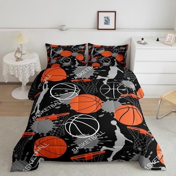 Erosebridal Basketball Bedding Full Comforter Set for Teens, Black Grey Duvet Insert, Ball Sport Comforters & Duvets, Lightweight Room Decoration, 3pcs