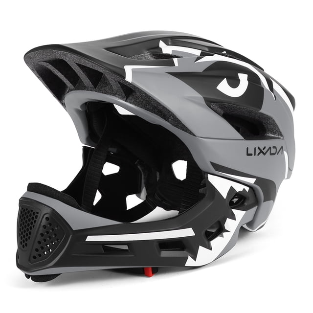 Casque de Sécurité Sportif Intégral Détachable en Gris par Lixada, Conçu pour le Cyclisme, le Planche à Roulettes et le Patin à Roulettes des Enfants. Comprend une Coque en polycarbonate durable, une Mousse EPS Absorbant les Chocs, 13 Évents, une protection de Bouche Ventilée, un Cadran Ajustable pour Tailles de Tête 52-56 cm Ou 54-58 cm, et une Doublure Amovible et Lavable. le Casque Se Convertit Facilement en Demi-Visage Intégral pour une Utilisation Polyvalente.