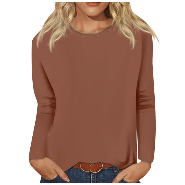 Timegard Womens Tops Long Sleeve Round Neck Solid Color Basic Tee Fall Casual Comfy Loose Tops Blouse