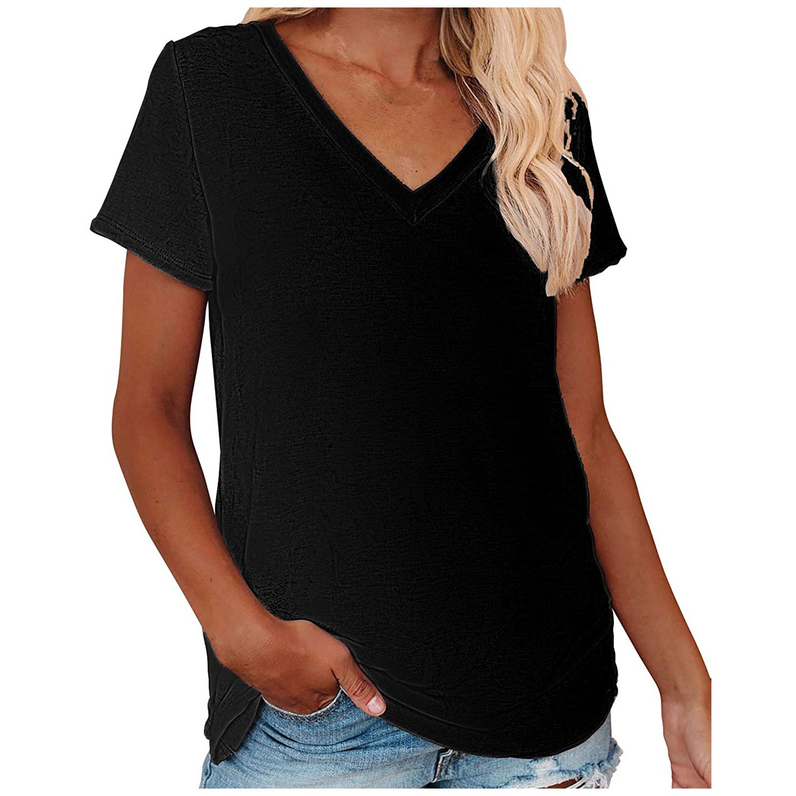 Birdeem T-Shirt Décontracté pour Femme à Col en V Uni à Manches Courtes