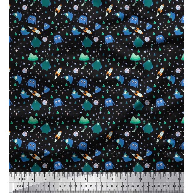 Soimoi Poly Georgette Fabric Star,Planet & Alien Cartoon Print Sewing Fabric Yard 52 Inch Wide