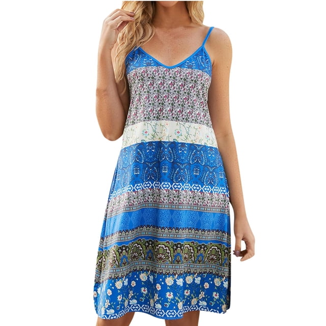 Birdeem Womens Summer Sexy Fashion Casual Suspender Flower Pattern Mini Dress with Pockets