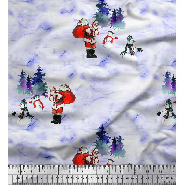 Soimoi Rayon Fabric Snowman,Santa & Tree Christmas Printed Fabric 1 Yard 56 Inch Wide