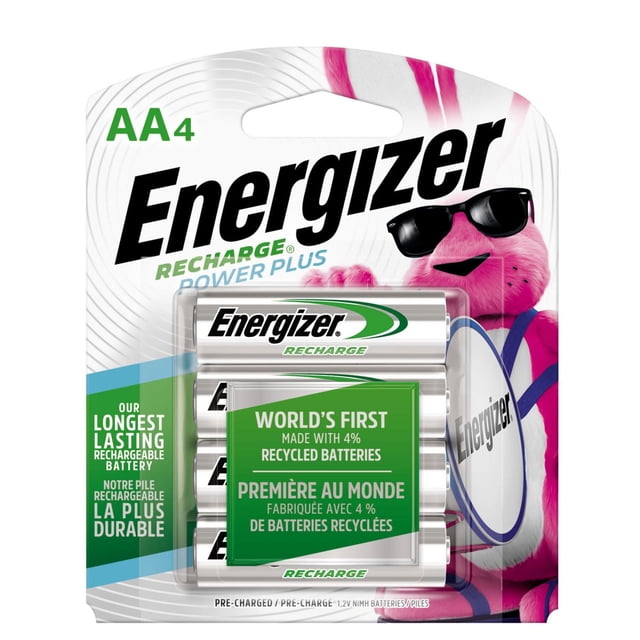 Energizer Rechargeable AA Batteries 4 Pack with silver and green NiMH rechargeable AA batteries in blister packaging featuring the pink Energizer bunny mascot wearing sunglasses and holding a drum, highlighting the world's first AA batteries made with 4% recycled materials and longest lasting rechargeable power for everyday devices.