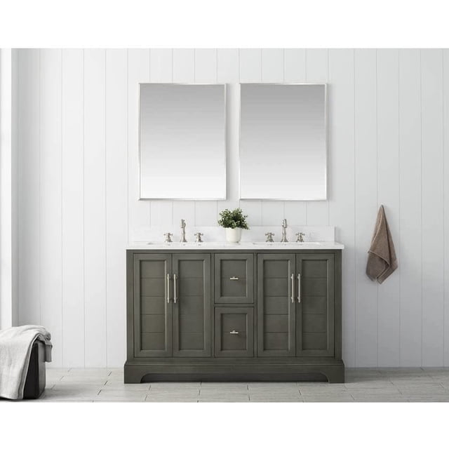 Vanity Art 54 Inch Double Sink Bathroom Vanity with Ceramic Sink and Engineered Marble Top, Without Mirror