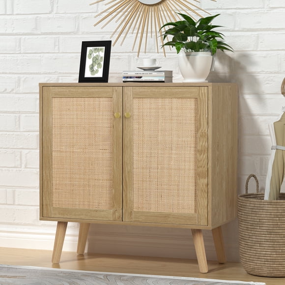 Eumyviv 2-Doors Accent Cabinet Sideboard with Pine Wood Legs Farmhouse Rattan Cabinet Cupboard